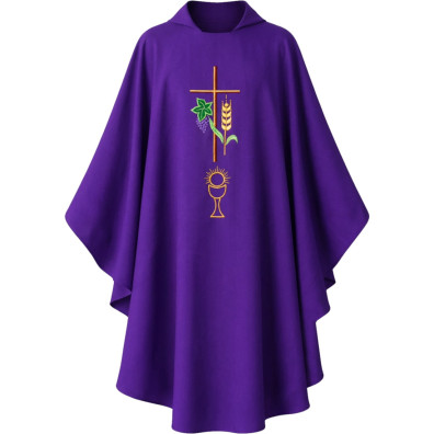 Casulla bordada con cruz, cáliz y espiga morado