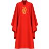 Casulla de poliéster con Alfa y Omega bordado rojo 